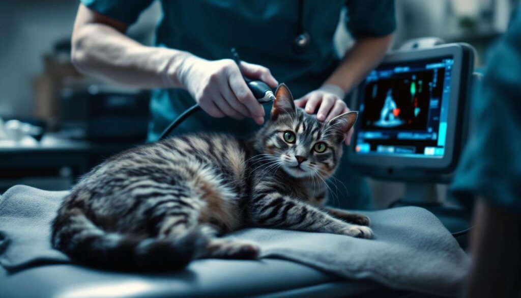 How is a cardiac ultrasound performed on a cat?
